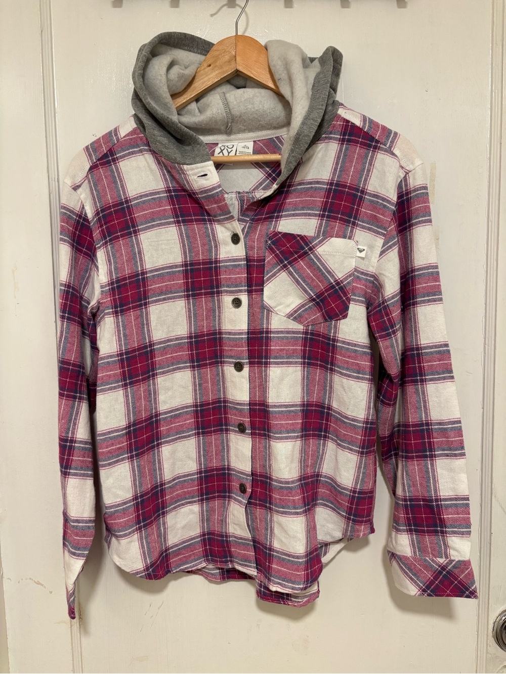 Roxy Pink and White Plaid Hooded Button-Down Shirt